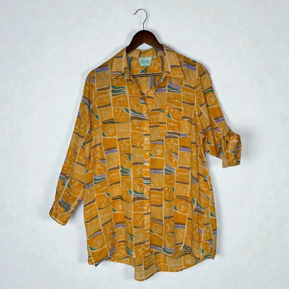 True Destinations Nautical Print Tunic Button Up Shirt Seashell 100% Cotton sz M - Picture 2 of 5